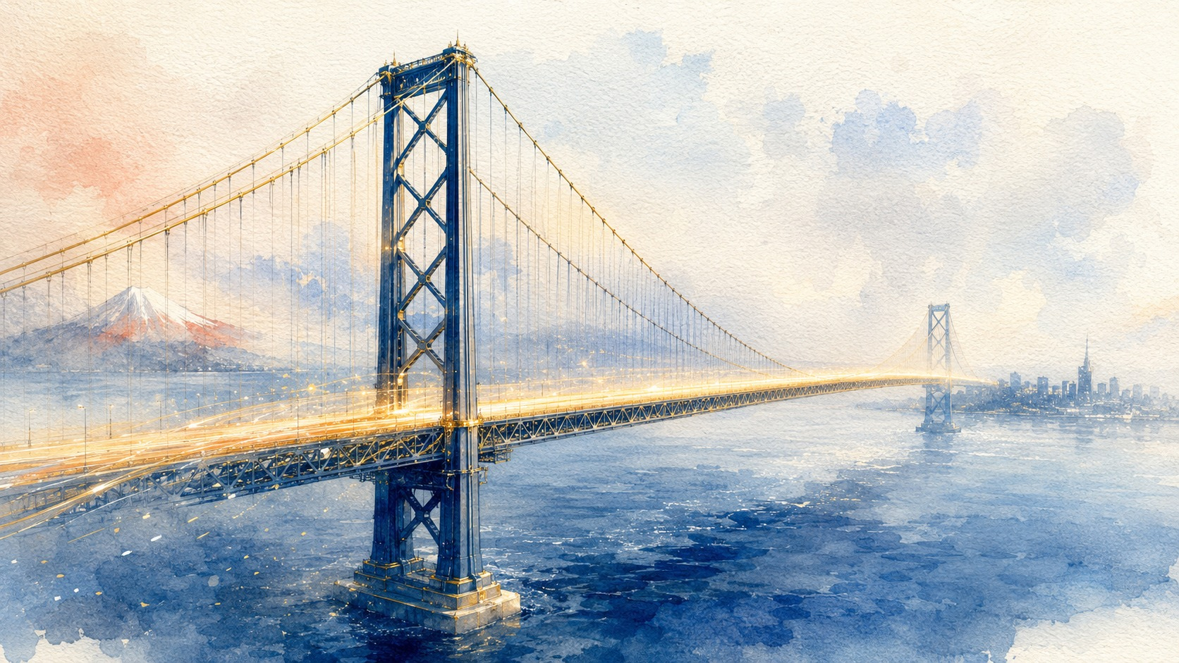 A single-focus watercolor of one financial bridge carrying yen into dollars across the Pacific.
