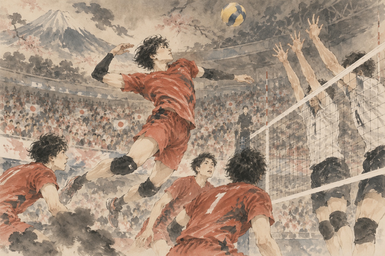 AI editorial illustration inspired by Tani Bunchō, depicting Japan and Iran in a men’s volleyball final.