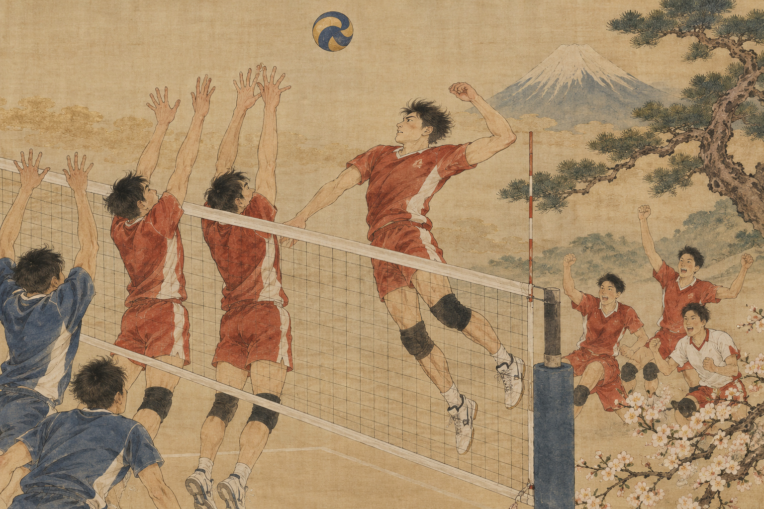 赤と白のユニフォーム姿の男子バレーボール選手がネット際で跳ぶ概念イラスト