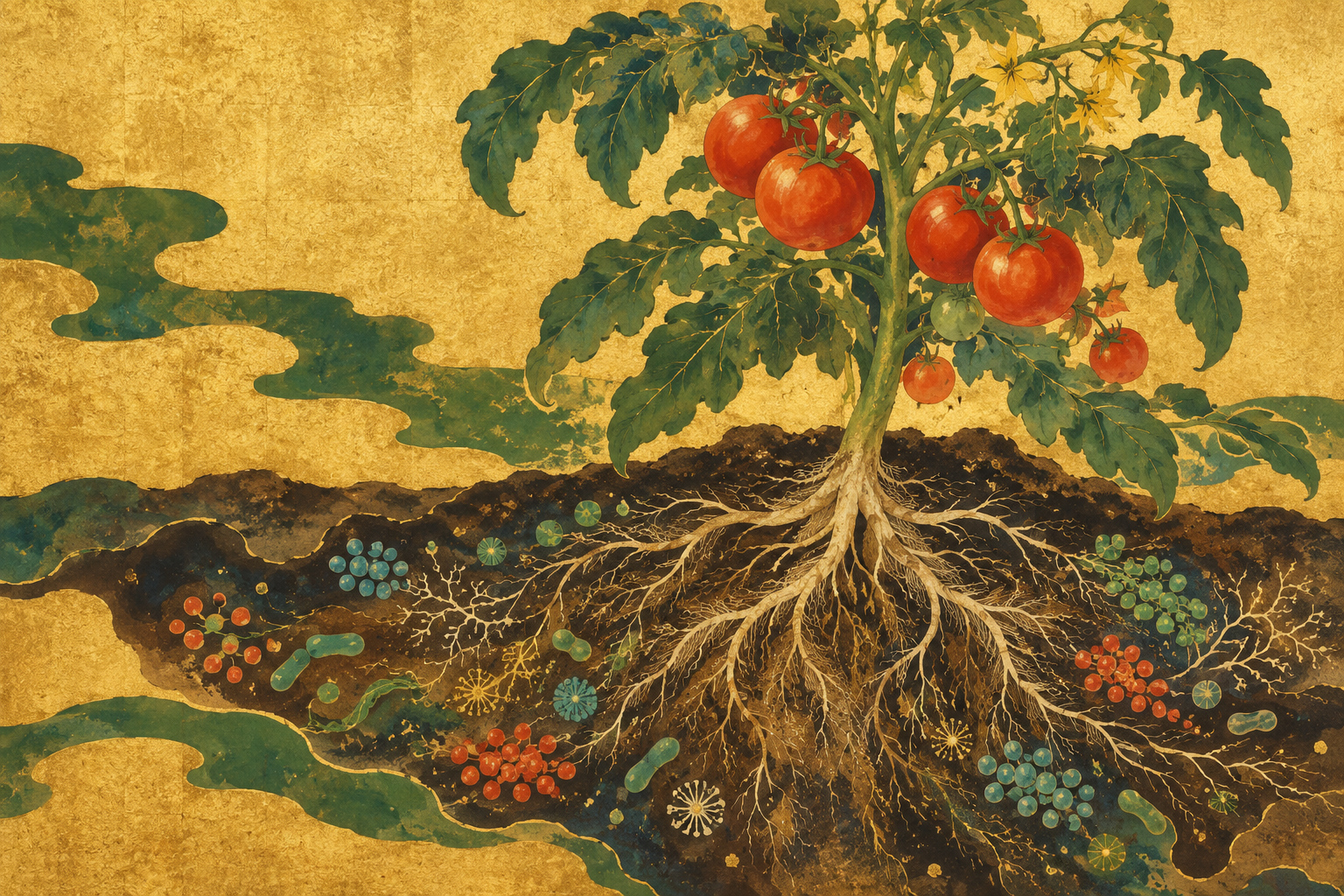 A tomato plant and stylized root cutaway on a gold ground, with decorative clusters representing microbes