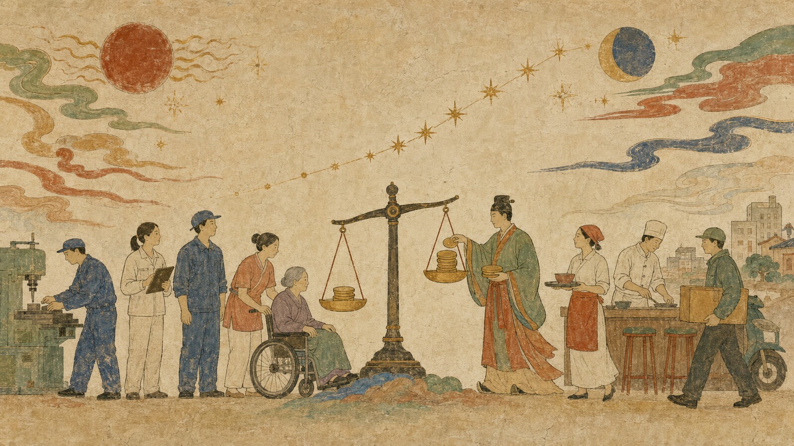 時給1176円を示す給与明細と働く人々を描いた報道イラスト