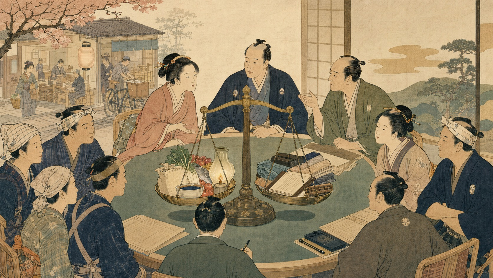 食料と企業台帳を載せた天秤を囲む労使公益代表の鈴木春信風錦絵