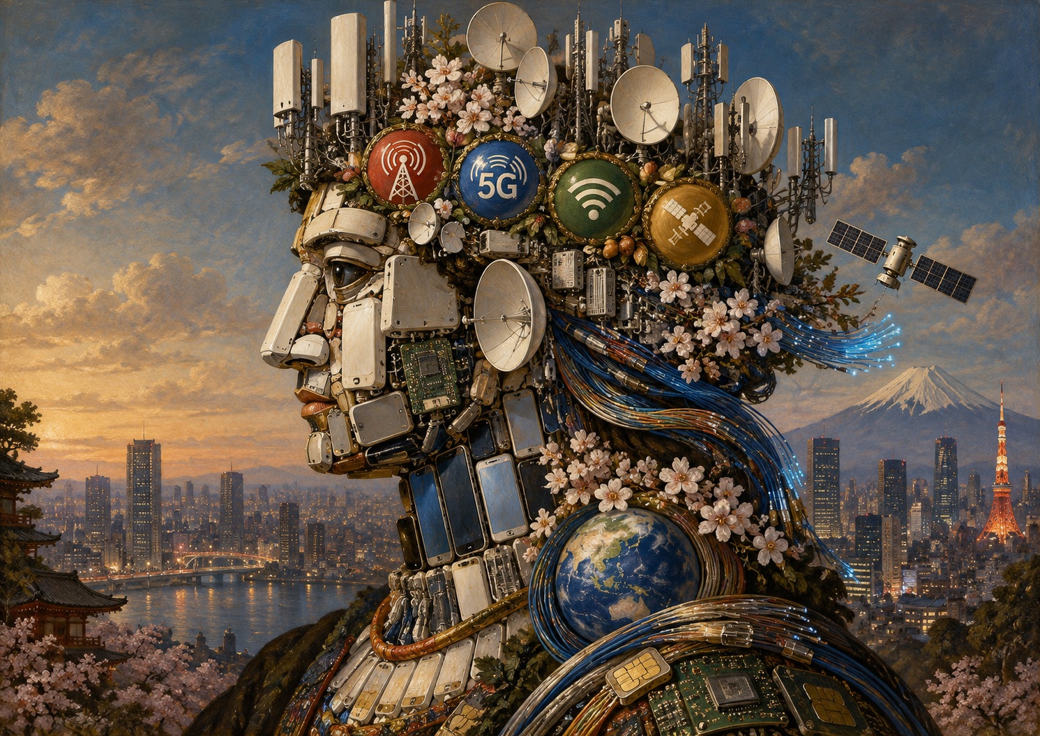 Japan.co.jp AI editorial illustration inspired by Giuseppe Arcimboldo’s composite portraits, accompanying “Japan’s Four Mobile Rivals Tackle the Same 28GHz Problem”