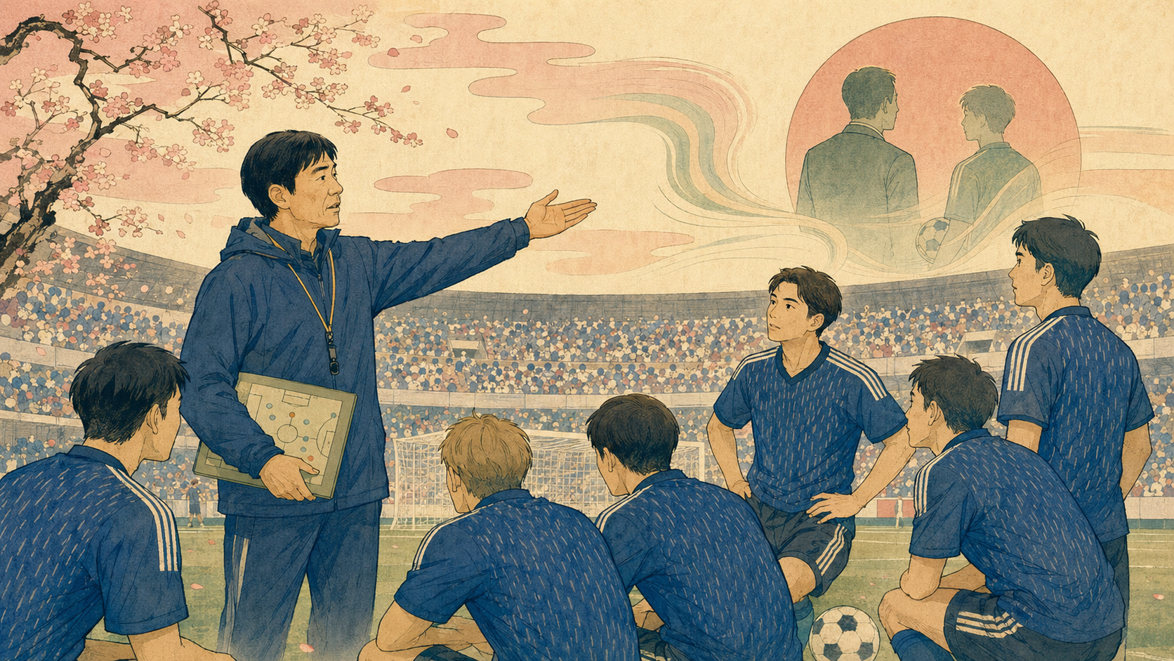 森保一監督から大岩剛監督へ青い巻物を渡す鈴木春信風の錦絵