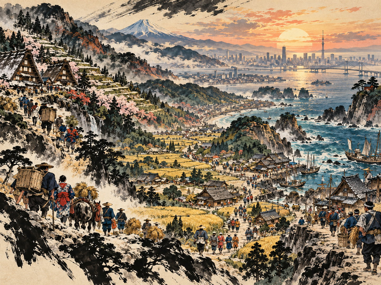 「日本で最も美しい村」22地域が東京に集う — AI-generated editorial illustration inspired by Kishi Ganku