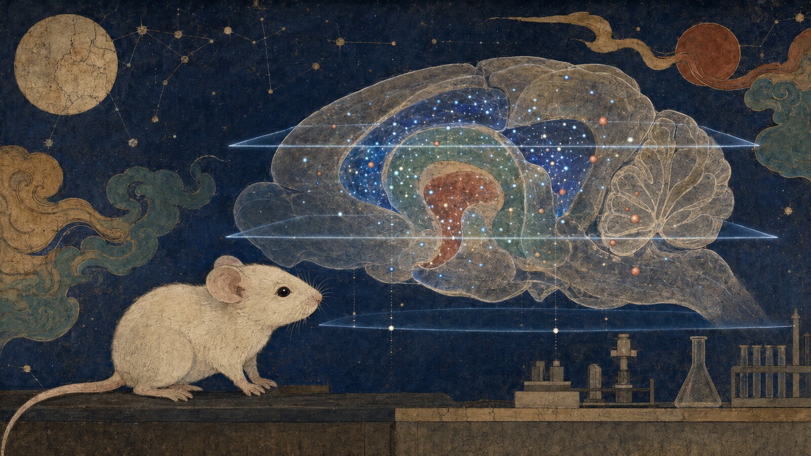 透明化した新生仔マウス脳に分布するナノプラスチックを描いた科学イラスト