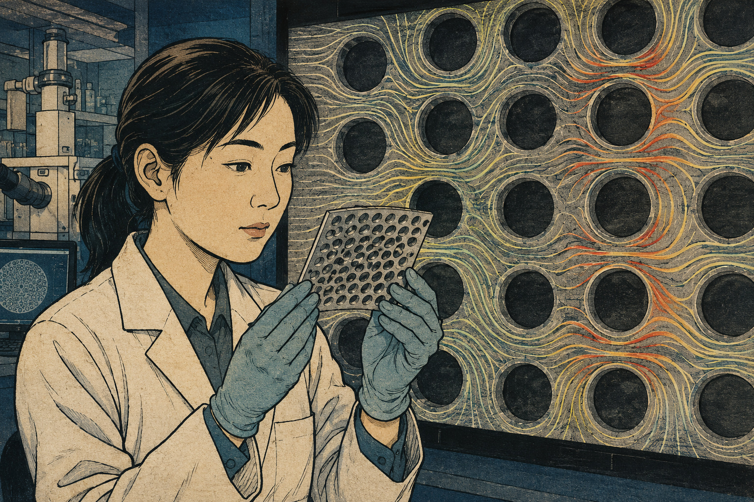 Editorial illustration of a scientist examining a perforated metal specimen, inspired by Gosotei Hirosada