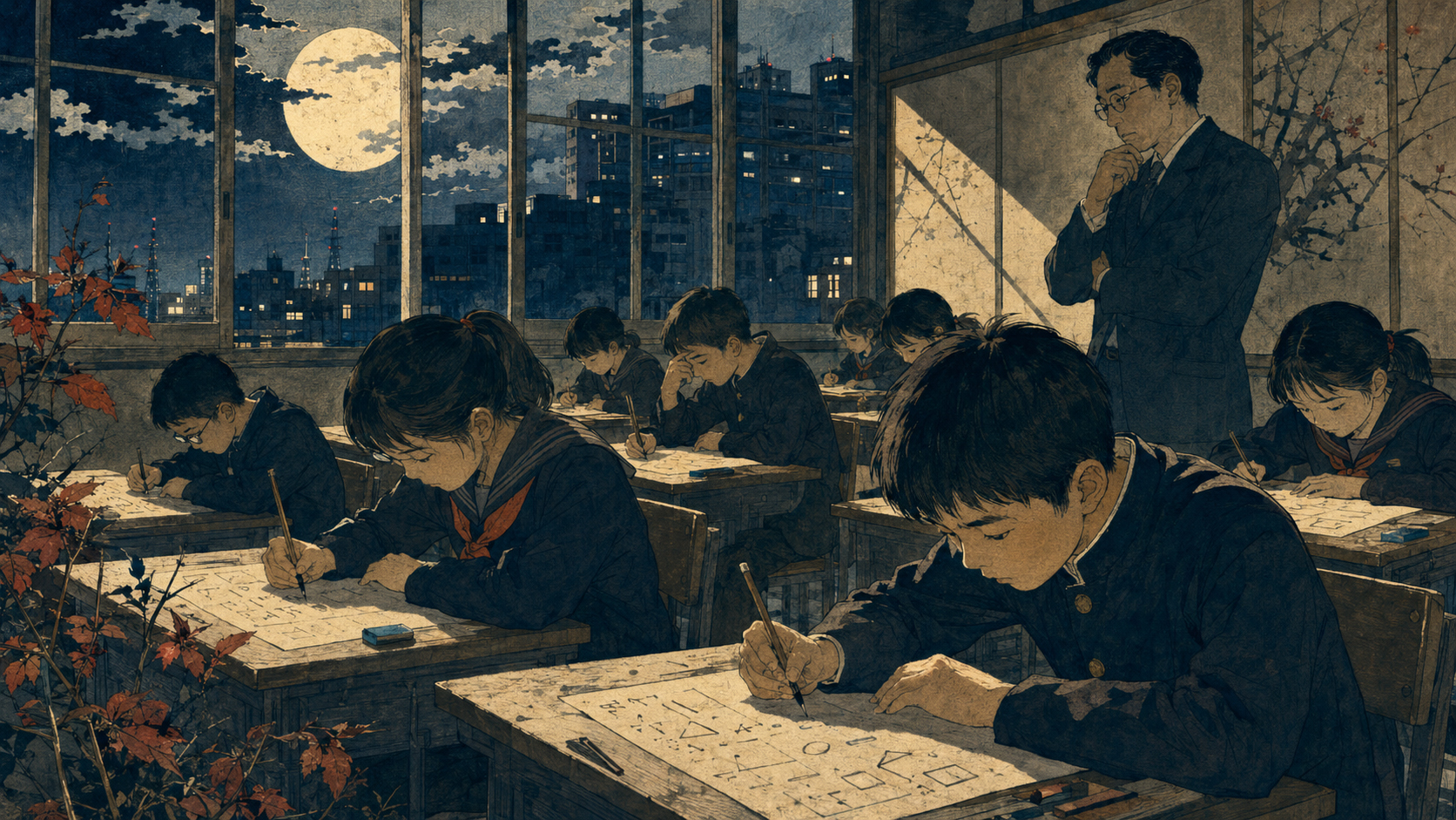 作文と数学の全国学力テストに取り組む生徒