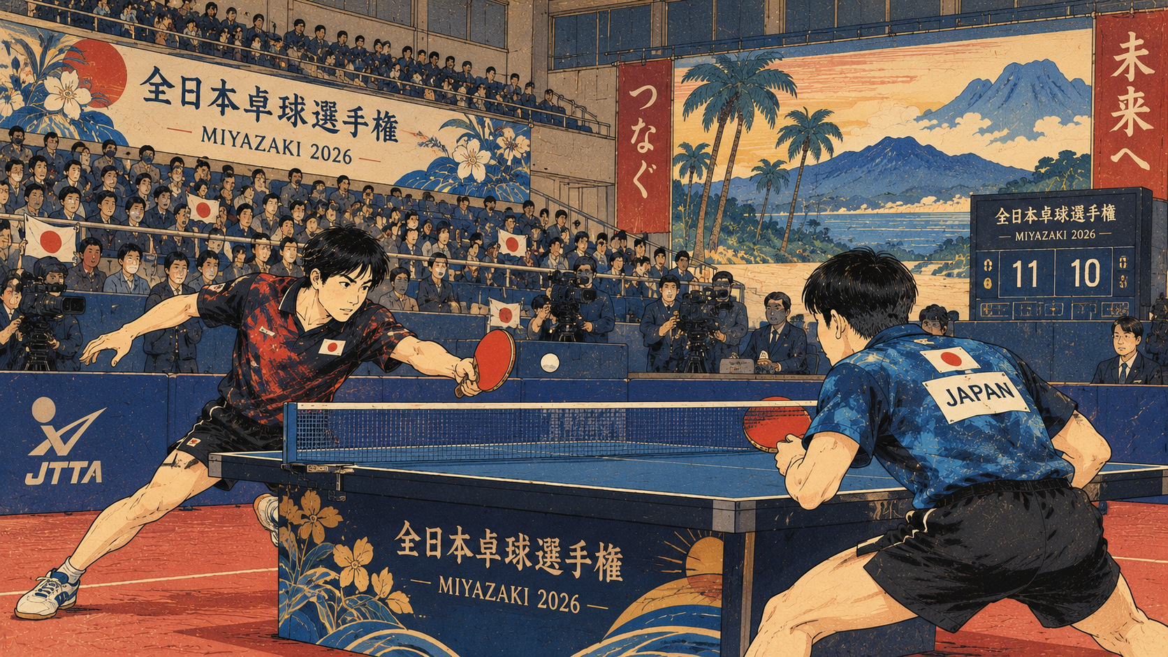 高校も大学も実業団も同じ頂点へ――宮崎の卓球団体日本一決定戦 — editorial illustration