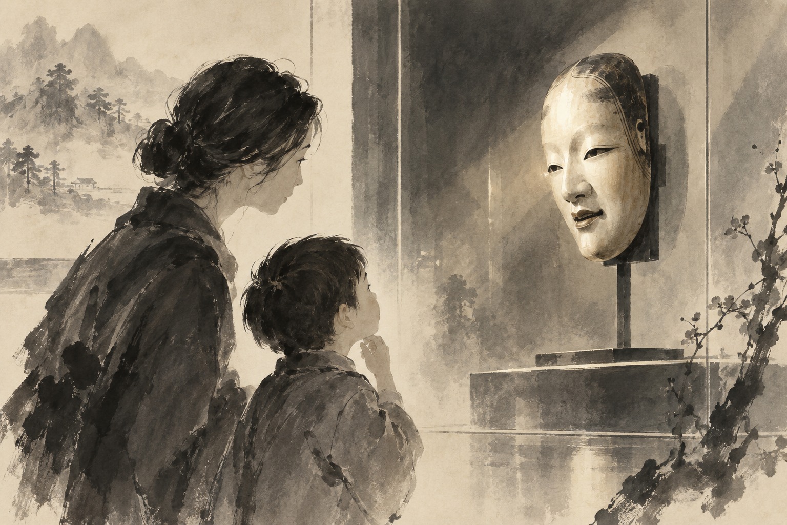 Tokyo National Museum invites families to read the emotions in Noh masks — editorial illustration