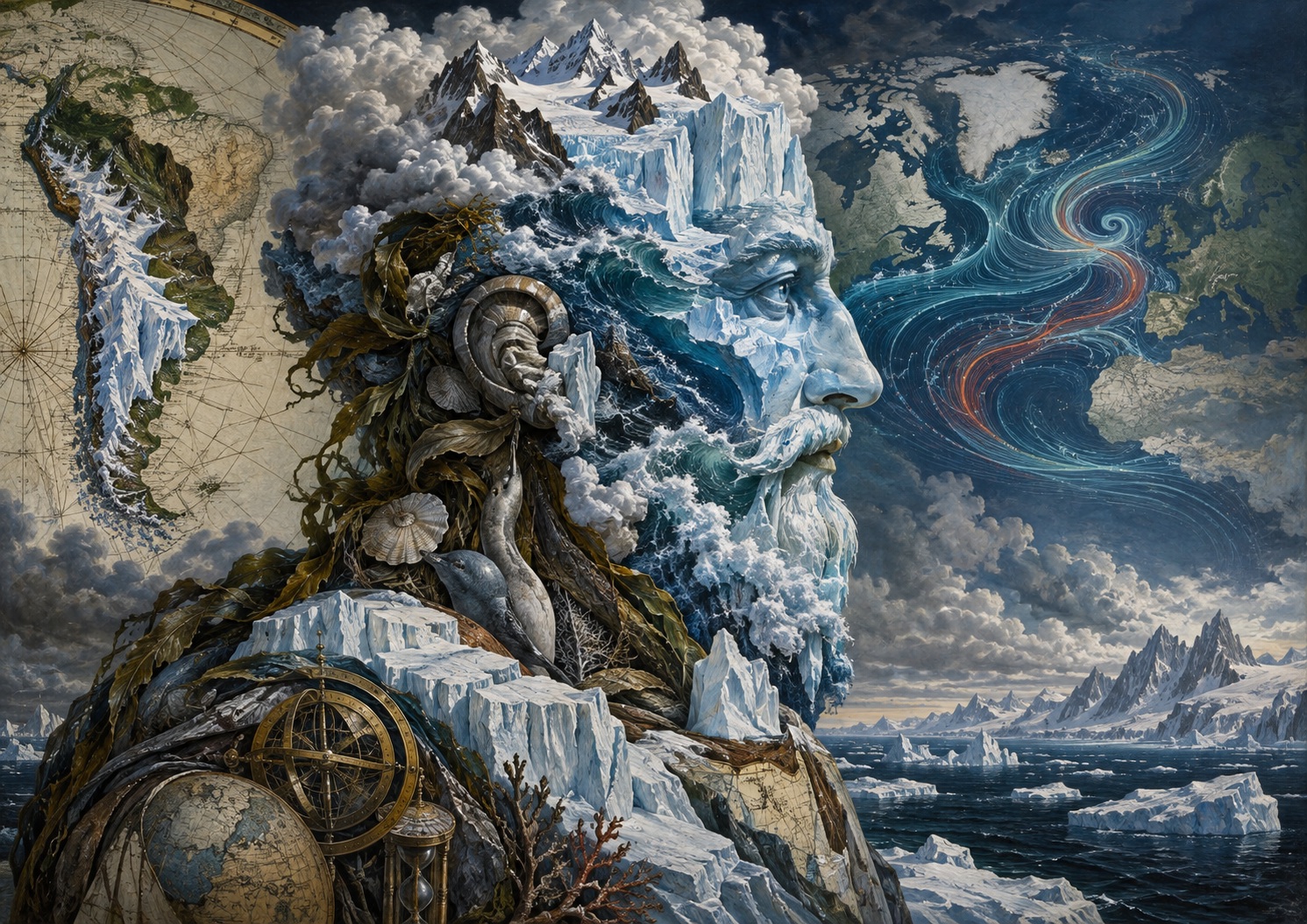 Japan.co.jp AI editorial illustration inspired by Giuseppe Arcimboldo’s composite portraits, accompanying “When the North Atlantic Slowed, Patagonia Changed”