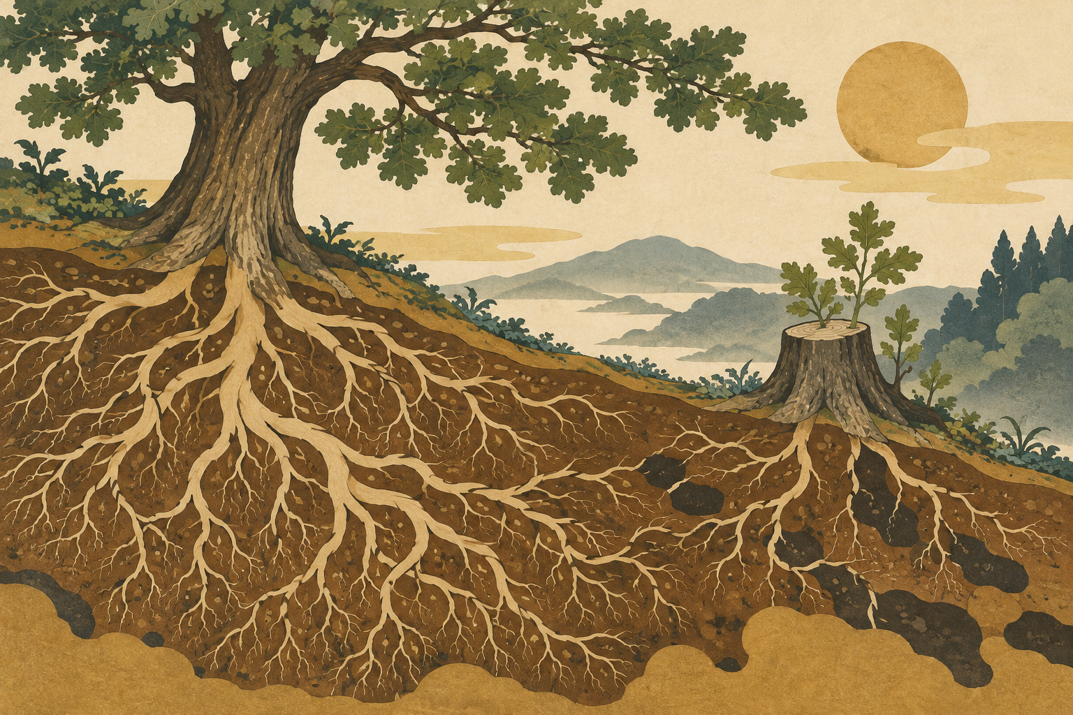 A mature oak and a sprouting stump above decorative root patterns in a hillside cutaway