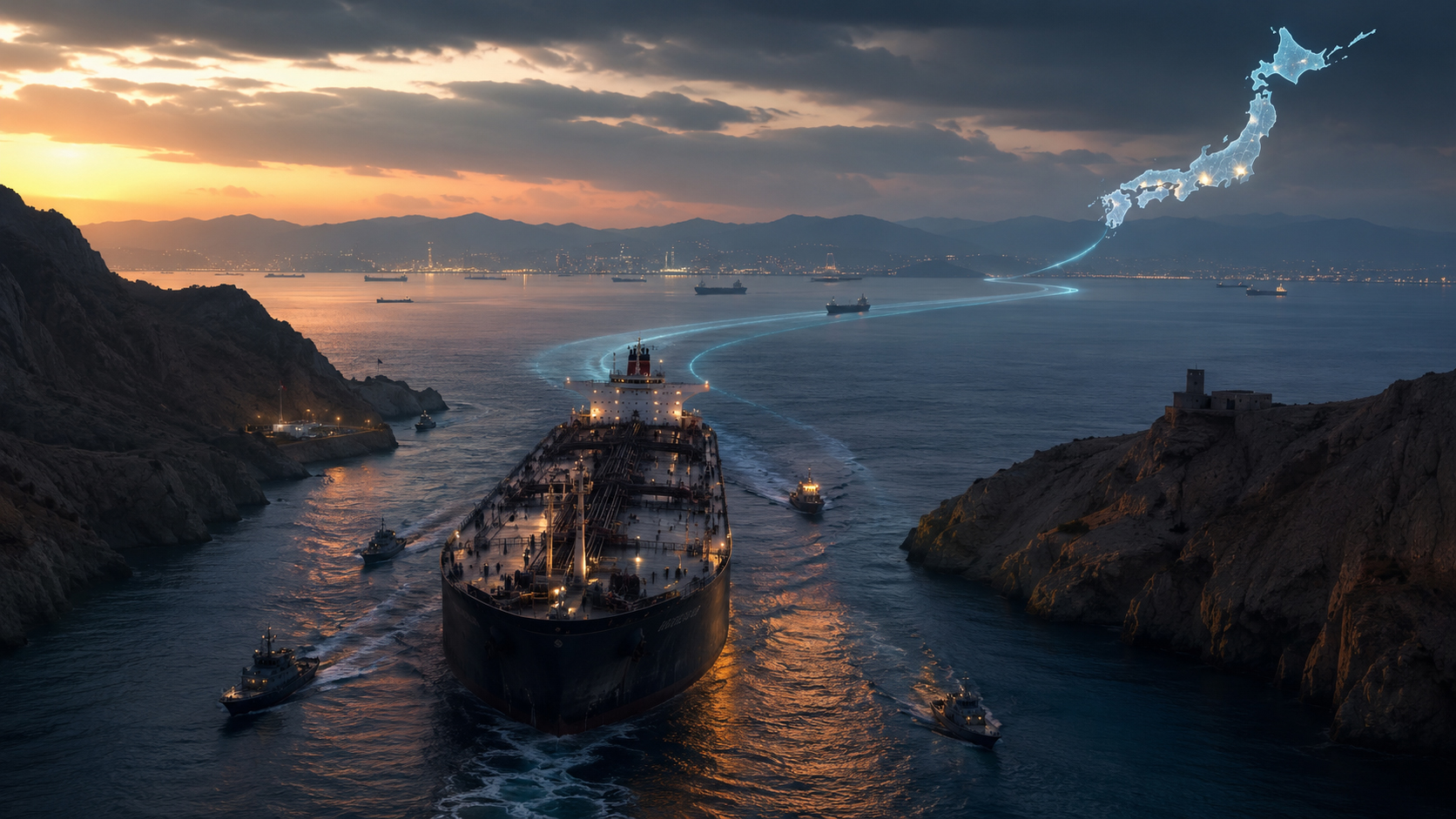Oil tanker moving through a narrow strait at dusk with a route glowing toward Japan