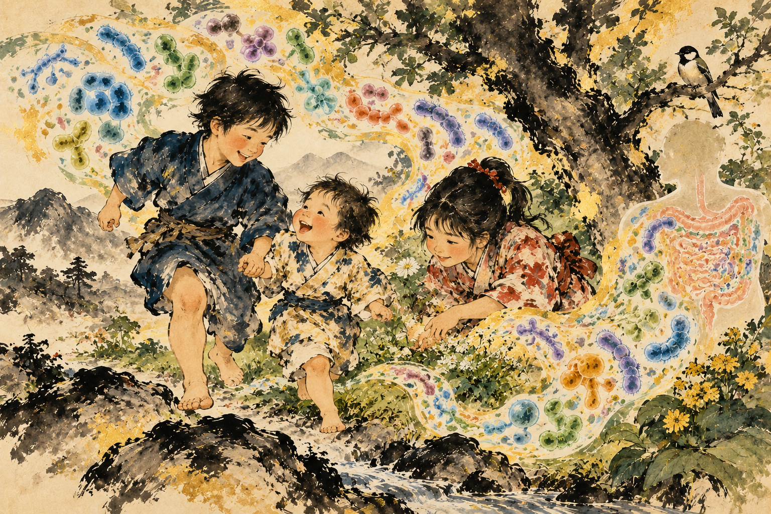 兄姉の人数と幼児の腸内細菌に関連 — AI-generated editorial illustration inspired by Kishi Ganku