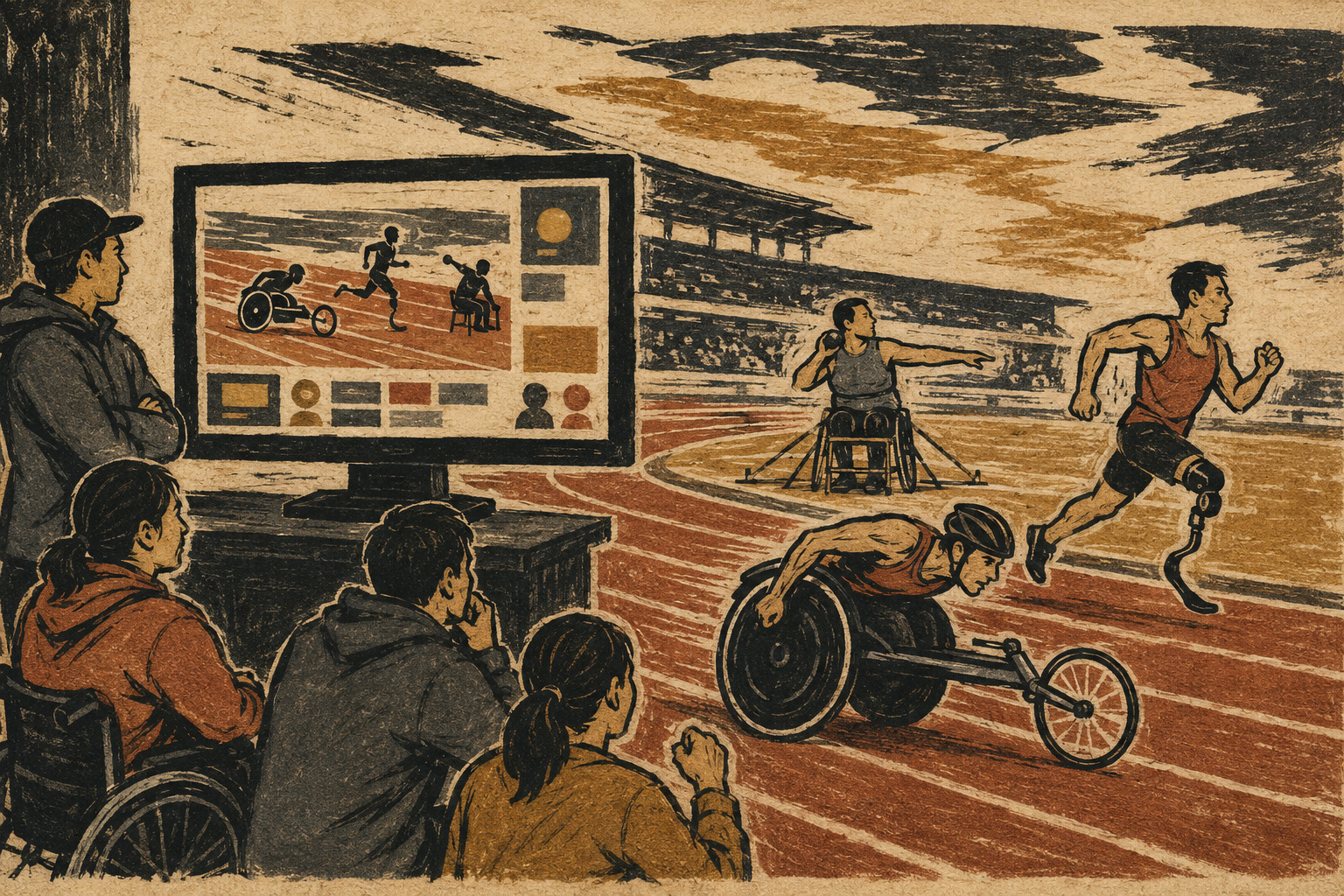 Editorial illustration of para-athletes competing while results are shared through an online event platform