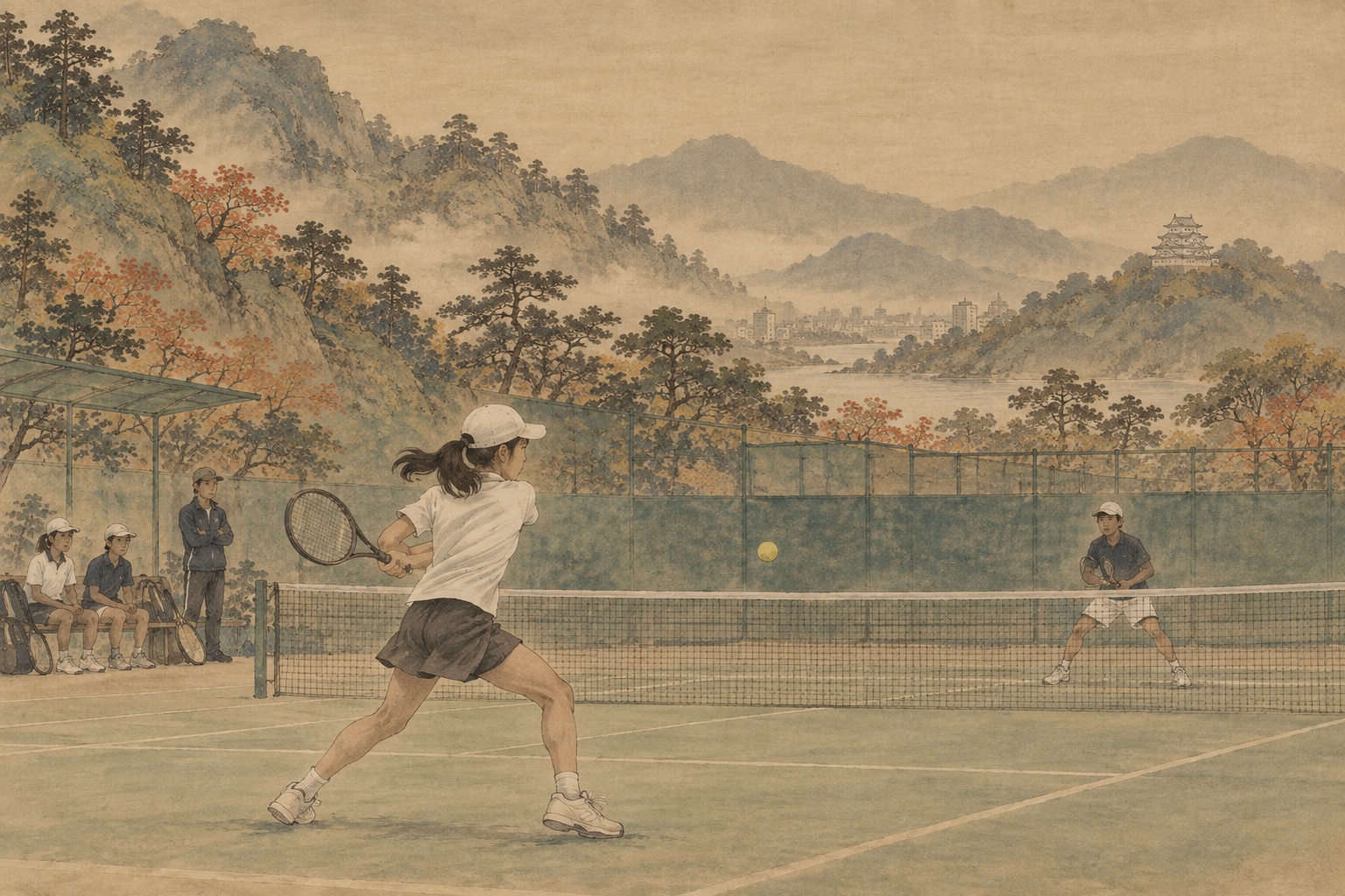 AI-generated editorial illustration of junior tennis players competing on an indoor court in Miki, Hyogo, inspired by the landscape tradition of Tani Buncho