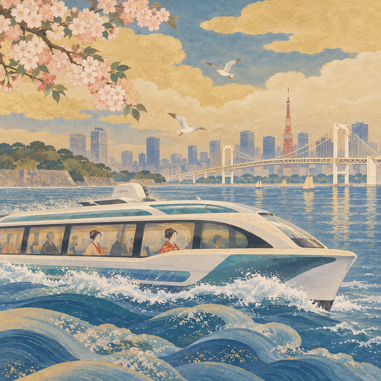水素燃料電池船まほろばが東京湾を航行する様子を描いた編集用イラスト