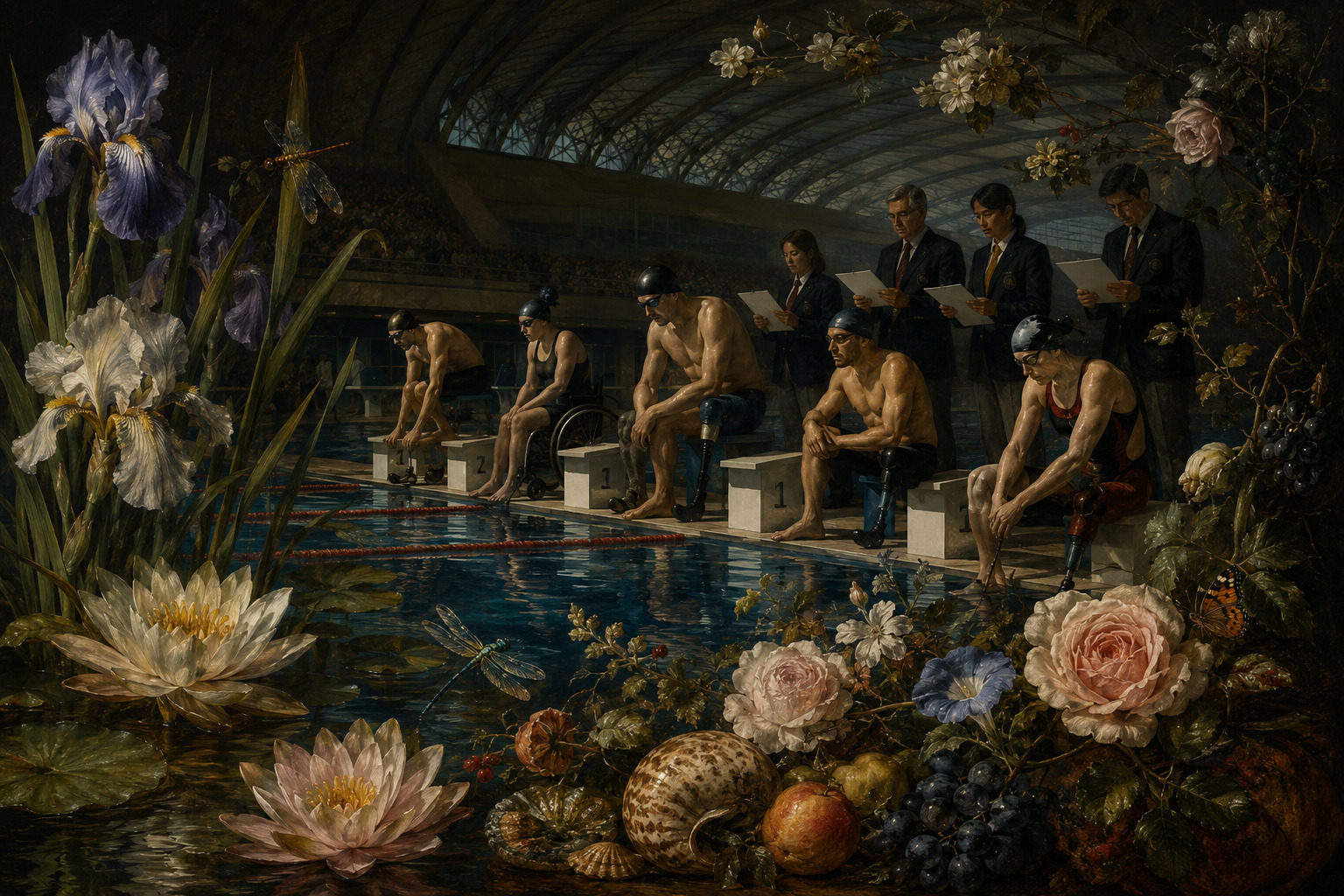 Editorial illustration of para swimmers with different impairments preparing on starting blocks while officials review papers beside an indoor pool framed by flowers and insects