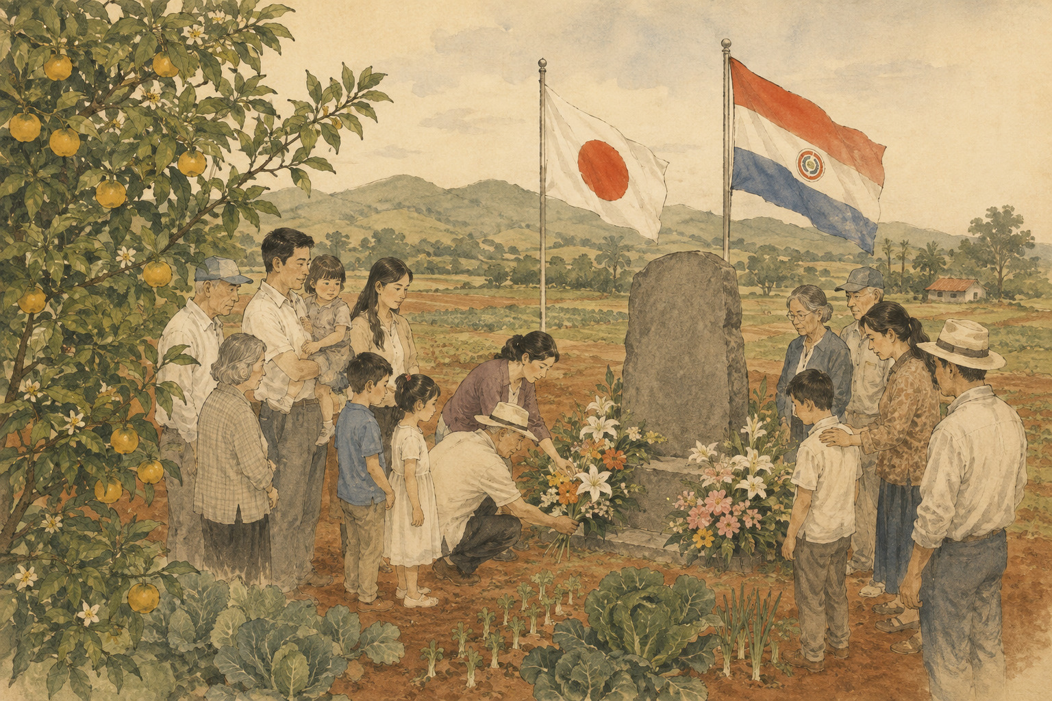 Editorial illustration for La Colmena at 90: Japan Returns to Paraguay’s First Immigrant Settlement