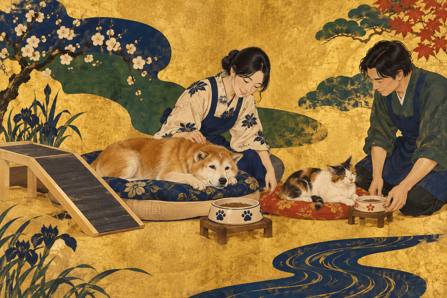 An older dog and cat rest beside cushions and feeding bowls as caregivers attend to them against a restrained gold ground