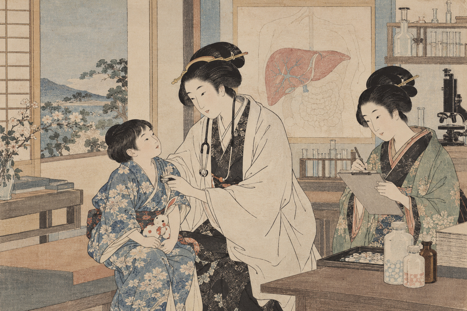 Kubo Shunman-inspired editorial illustration representing PFIC research and treatment development