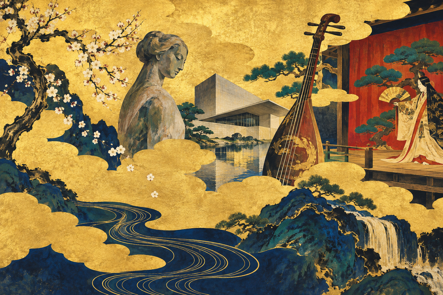 Motifs of painting, sculpture, architecture, music and theatre arranged among clouds on a gold ground