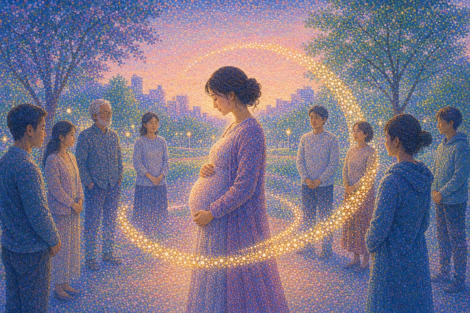 A pregnant woman and a parent with child encircled by social support