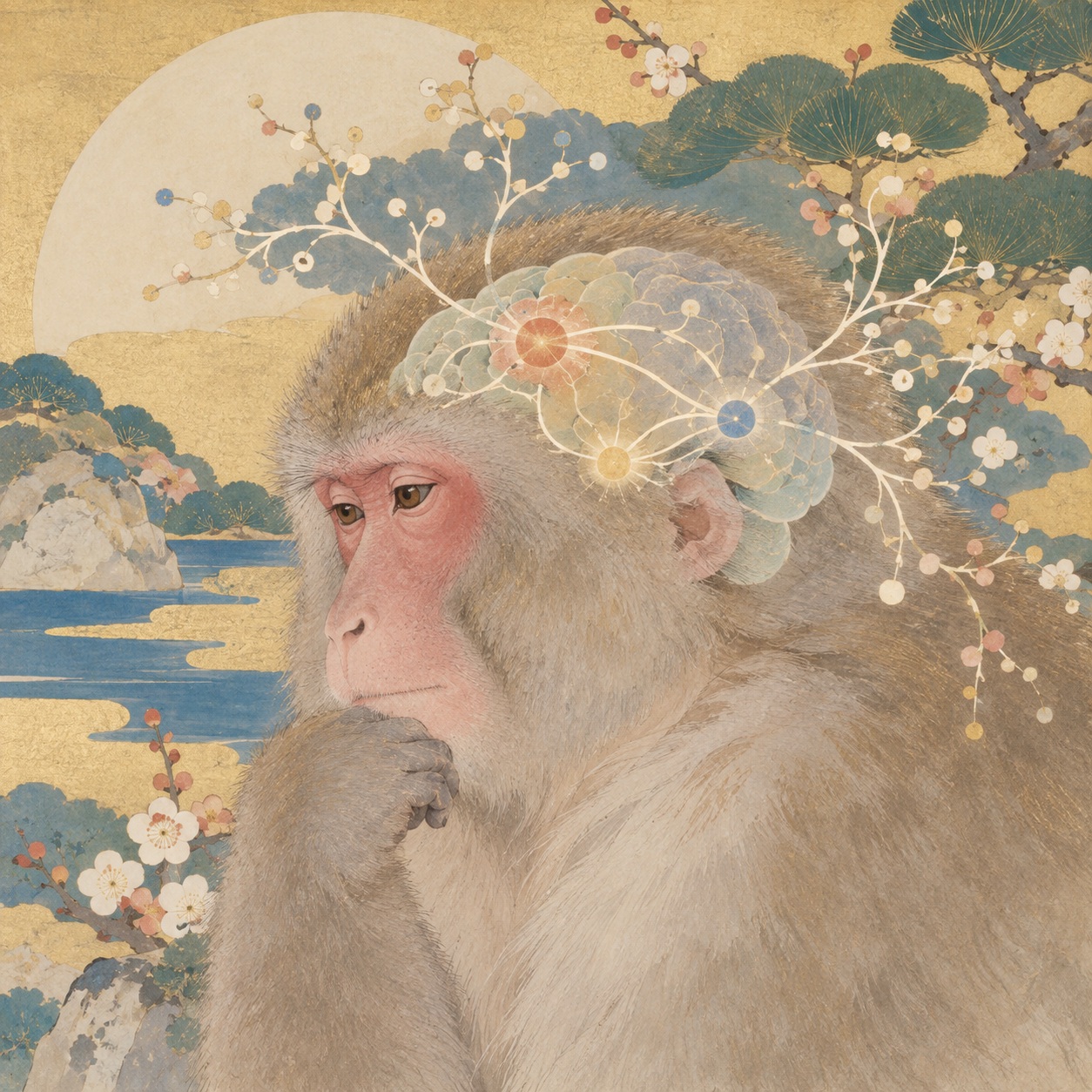 霊長類の脳と前部帯状皮質から扁桃体への神経経路を描いた編集用イラスト
