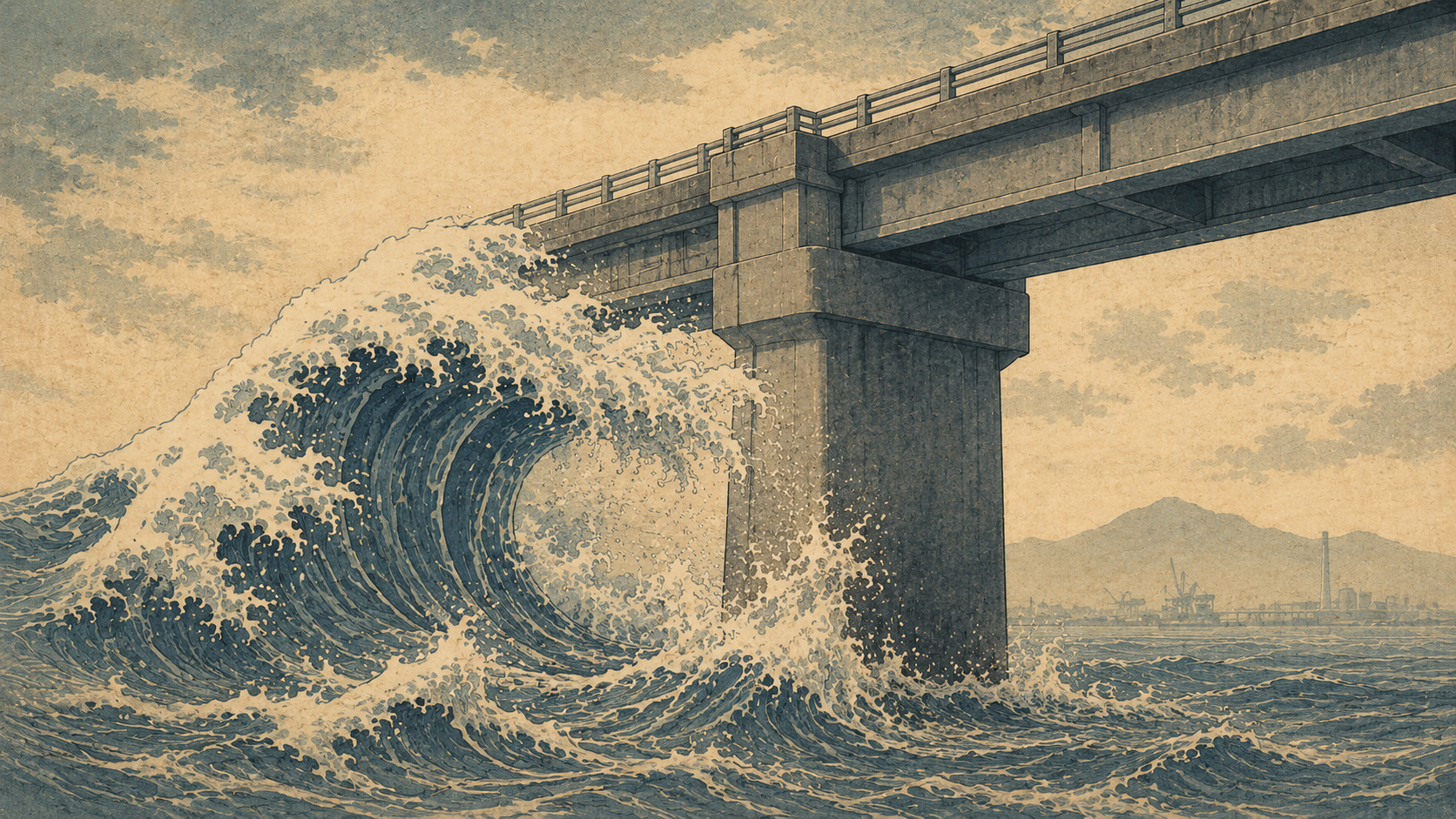 荒波を受け止める橋脚を描いた日本風の現代浮世絵イラスト。公共事業の新しい評価軸である強靱性を象徴する。