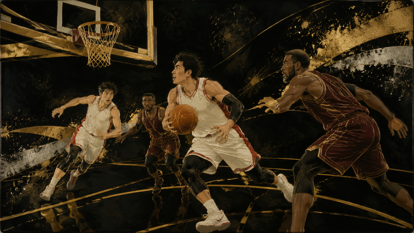 Shibata Zeshin-inspired editorial illustration representing the Japan–Qatar basketball qualifier