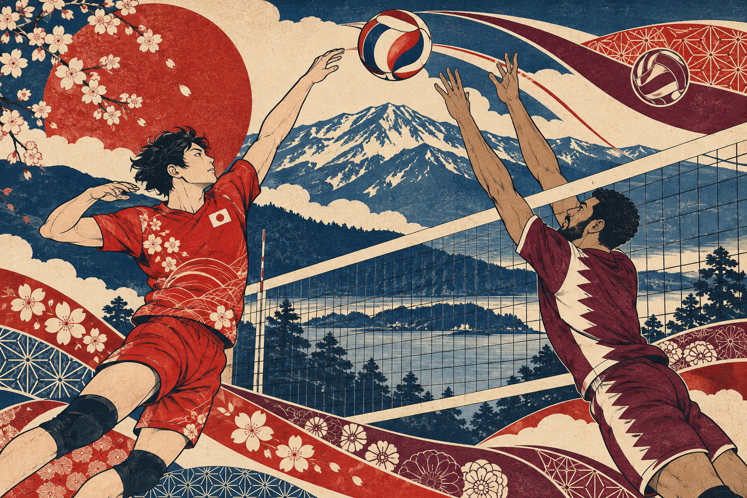 Japan and Qatar in Iwate: A Squad Preparing for Asia, a Region Building Through Volleyball — AI editorial illustration