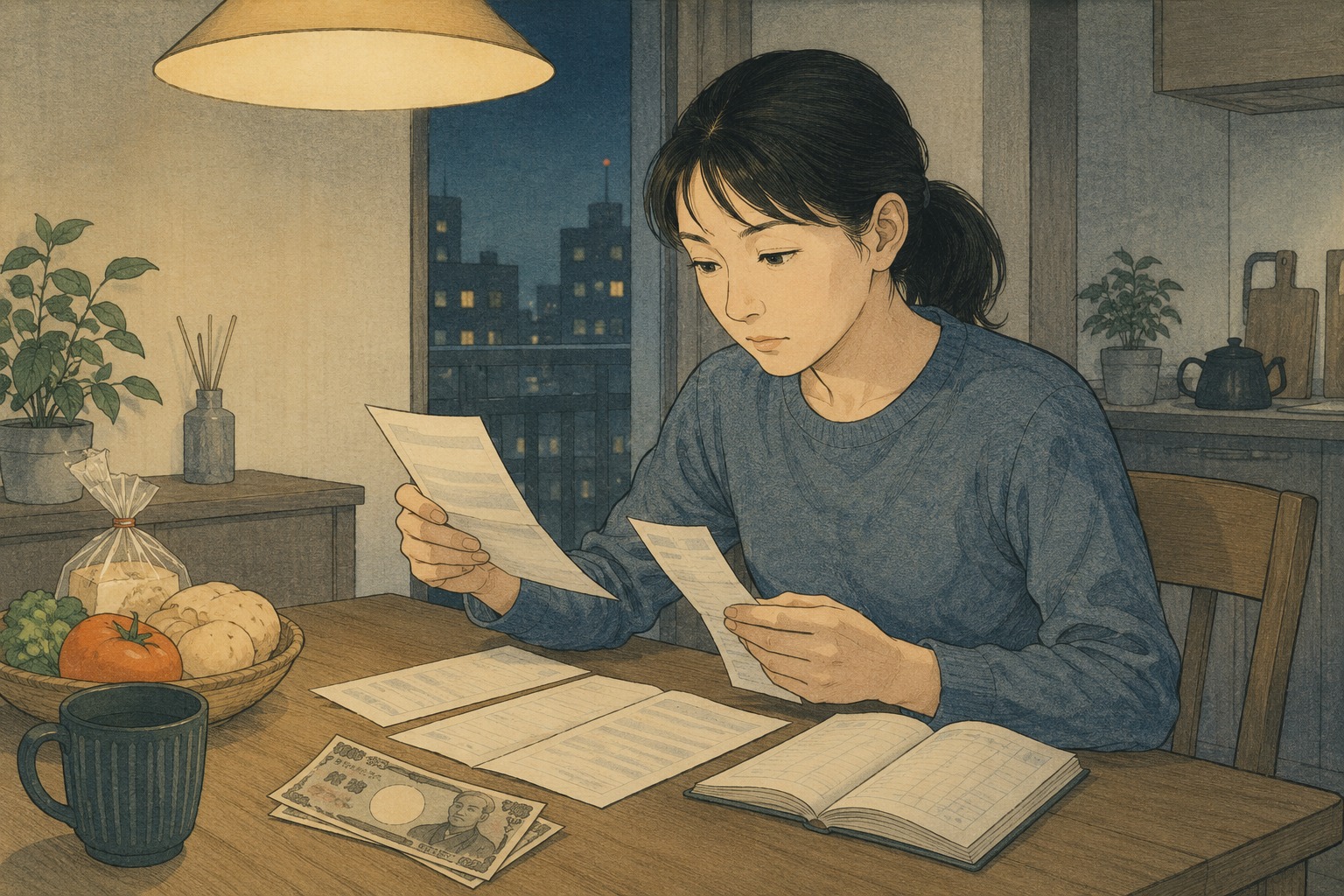 給与明細と買い物のレシートを見比べる会社員を描いた小原古邨着想の編集用イラスト