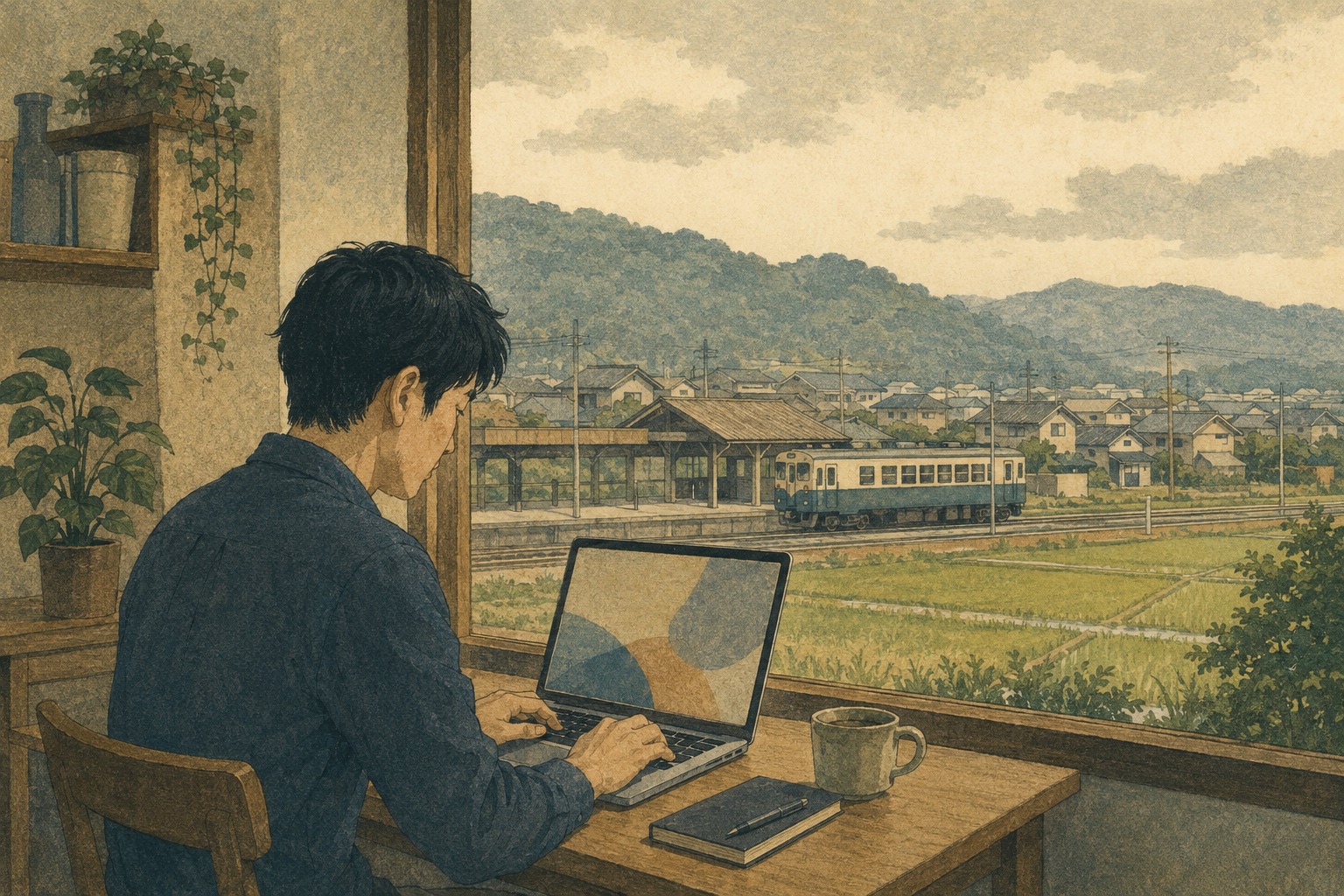 Editorial lithograph-style illustration of a Japanese remote worker beside a window overlooking fields and a small regional railway station