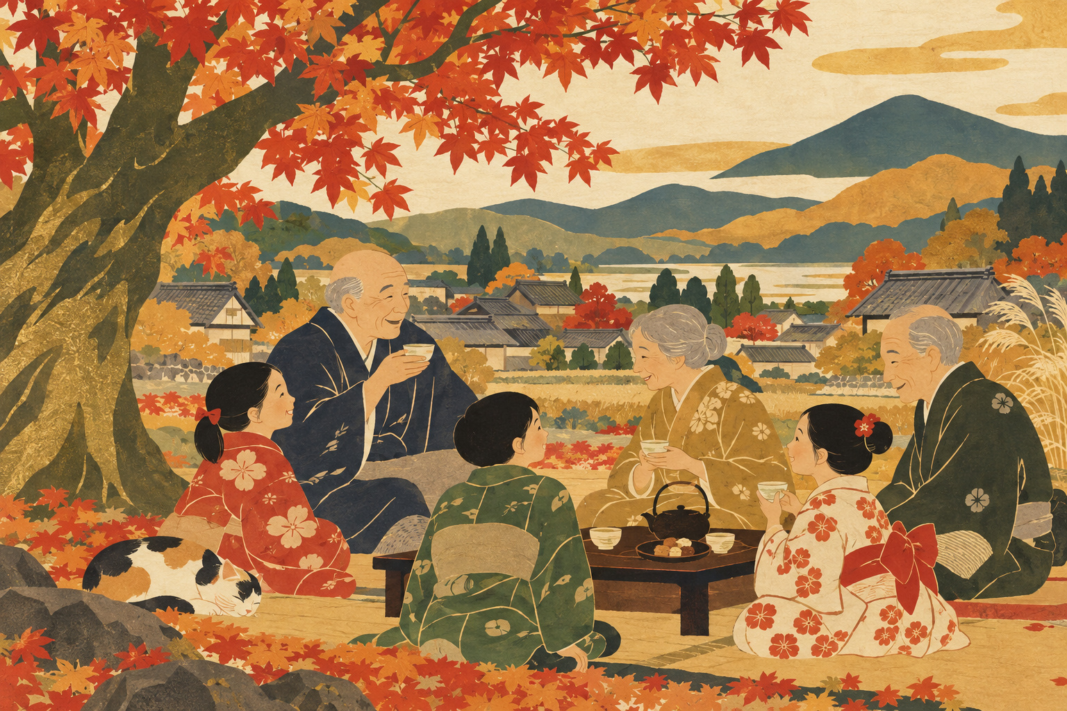 From a village gathering to a national holiday: Taka and the origins of Respect for the Aged Day — AI editorial illustration