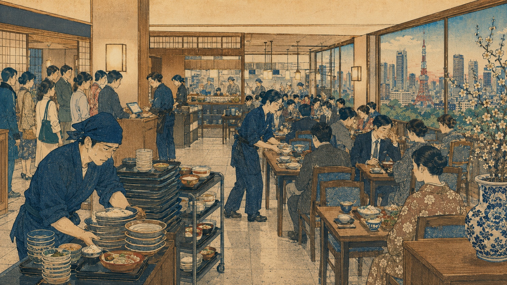 人手不足の飲食店で、日本人と外国人のスタッフ、配膳ロボット、デジタル注文が協働する様子を、歌川広重の「江戸高名会亭尽」を想起させる浮世絵風に描いた編集イメージ。