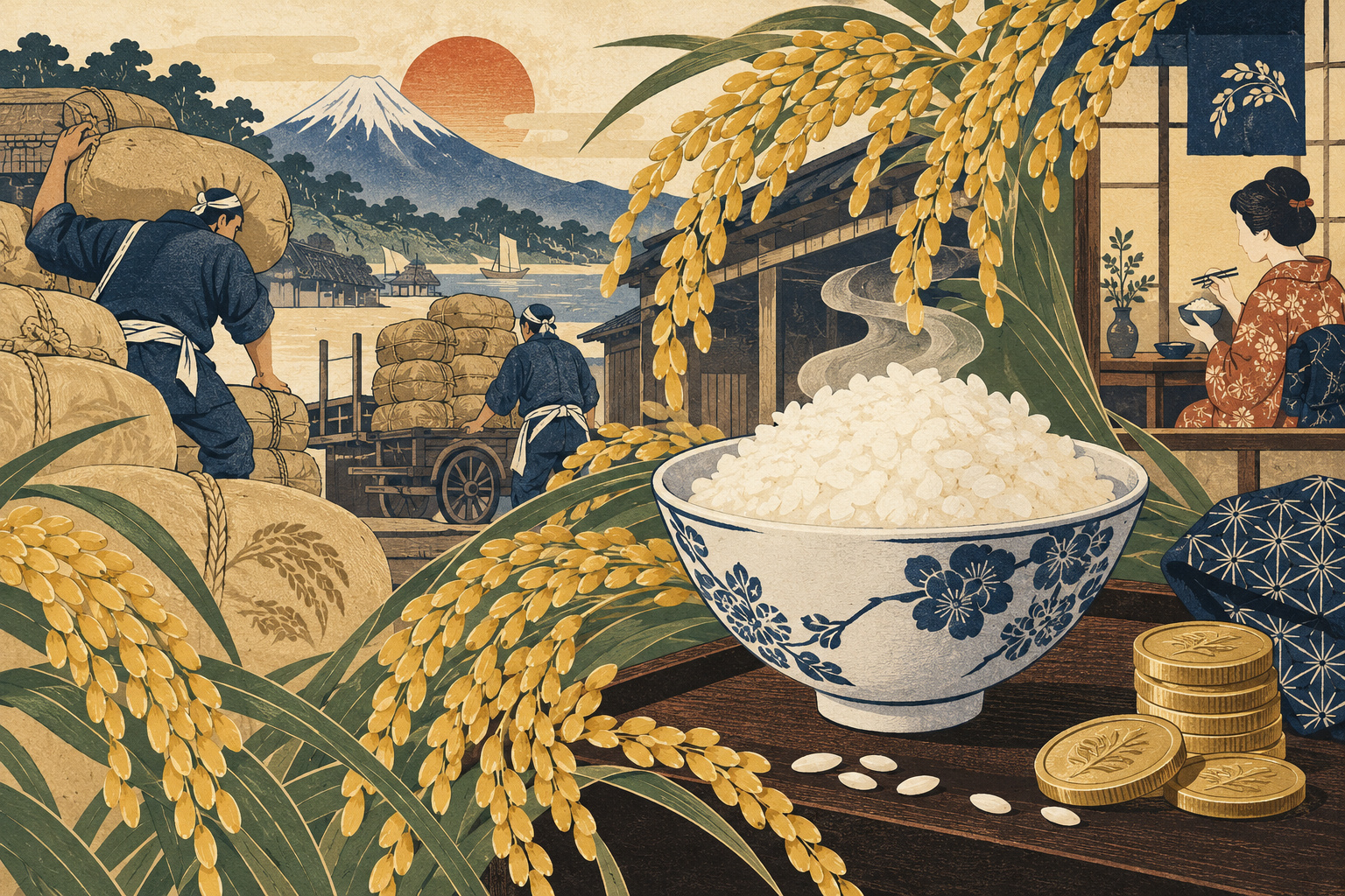 Rice Prices Are Falling. What Reaches Japan’s Household Table? — AI editorial illustration