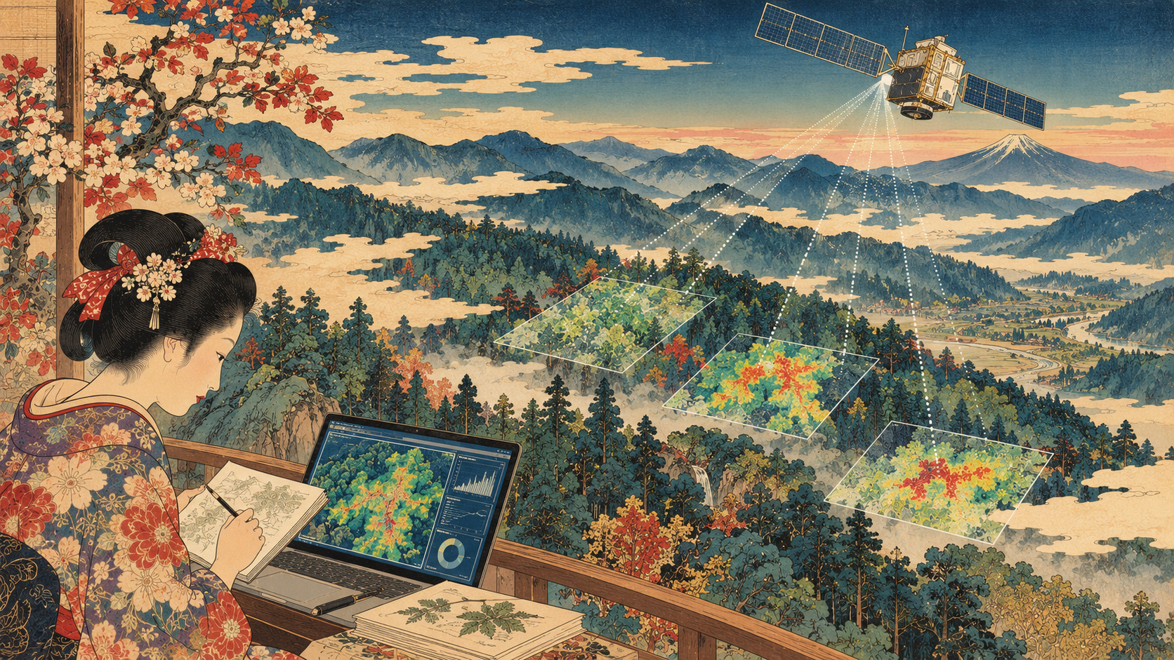 From Space to Forest Floor: Measuring How Fast Japan’s Forests Grow — editorial illustration