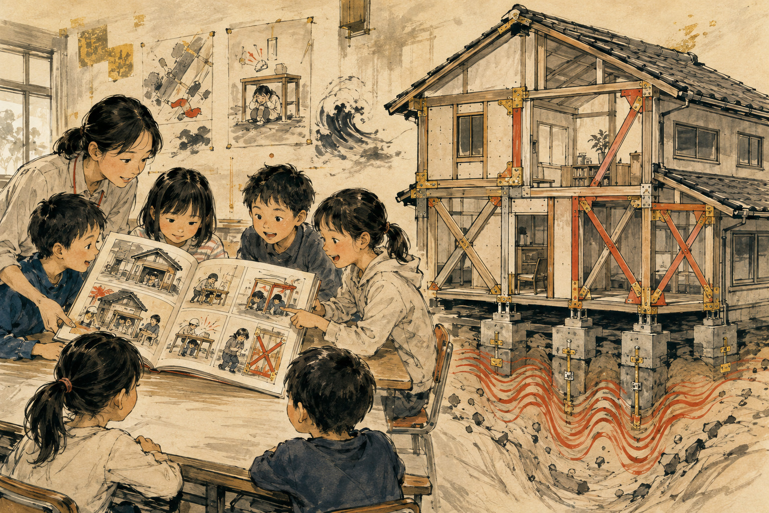 Children reading an earthquake manga beside a cutaway reinforced wooden house