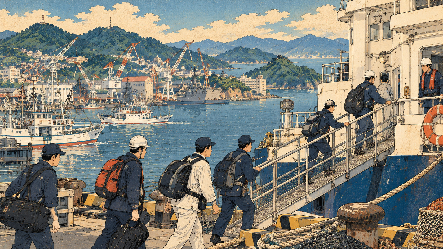 船員不足に自治体が動く――佐世保・鳥羽・長崎県が職業紹介へ — editorial illustration