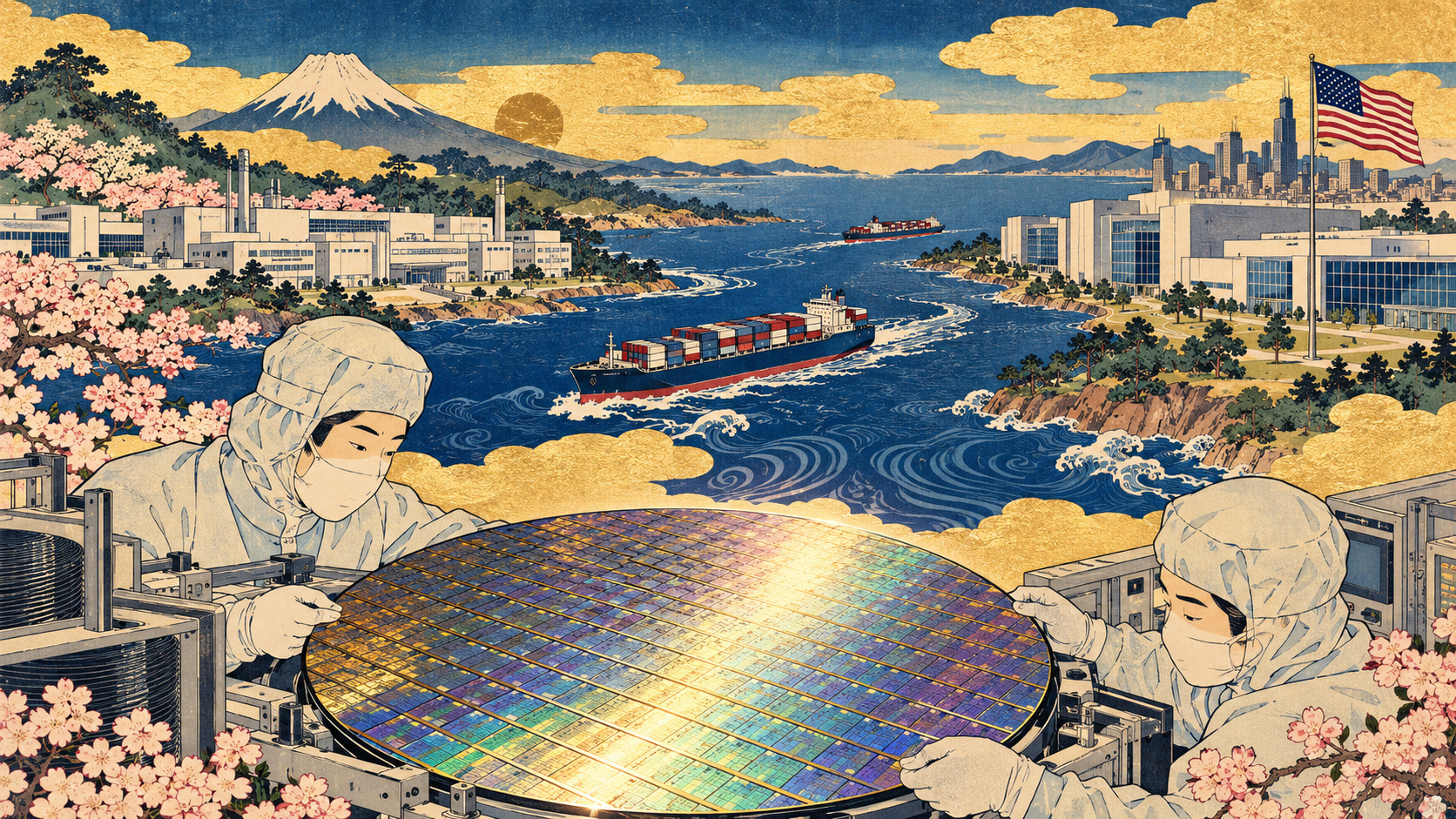 Japan Wants to Rebuild Its Chip Industry. Why Is It Financing America’s? — AI-generated editorial illustration, not a documentary image
