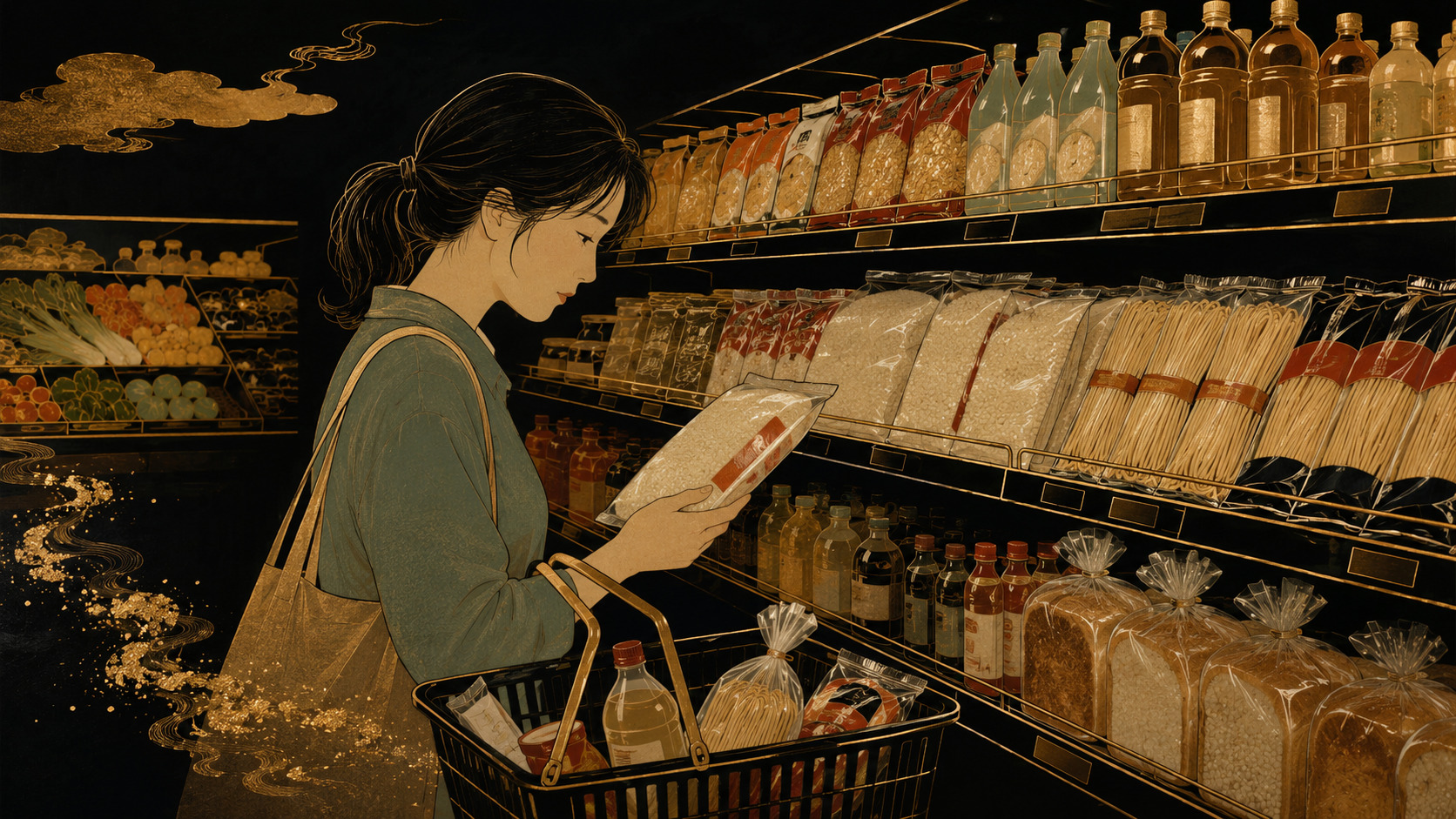 日本のスーパーで食品の表示を確かめる買い物客を柴田是真風に描いた編集イラスト