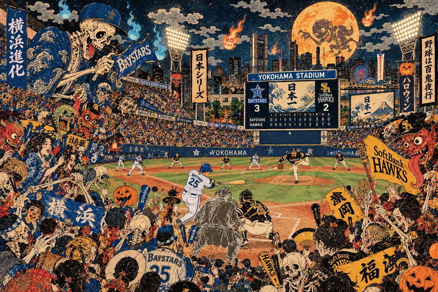 No Halloween Game: How SoftBank Swept DeNA — AI-generated editorial illustration inspired by Kawanabe Kyōsai