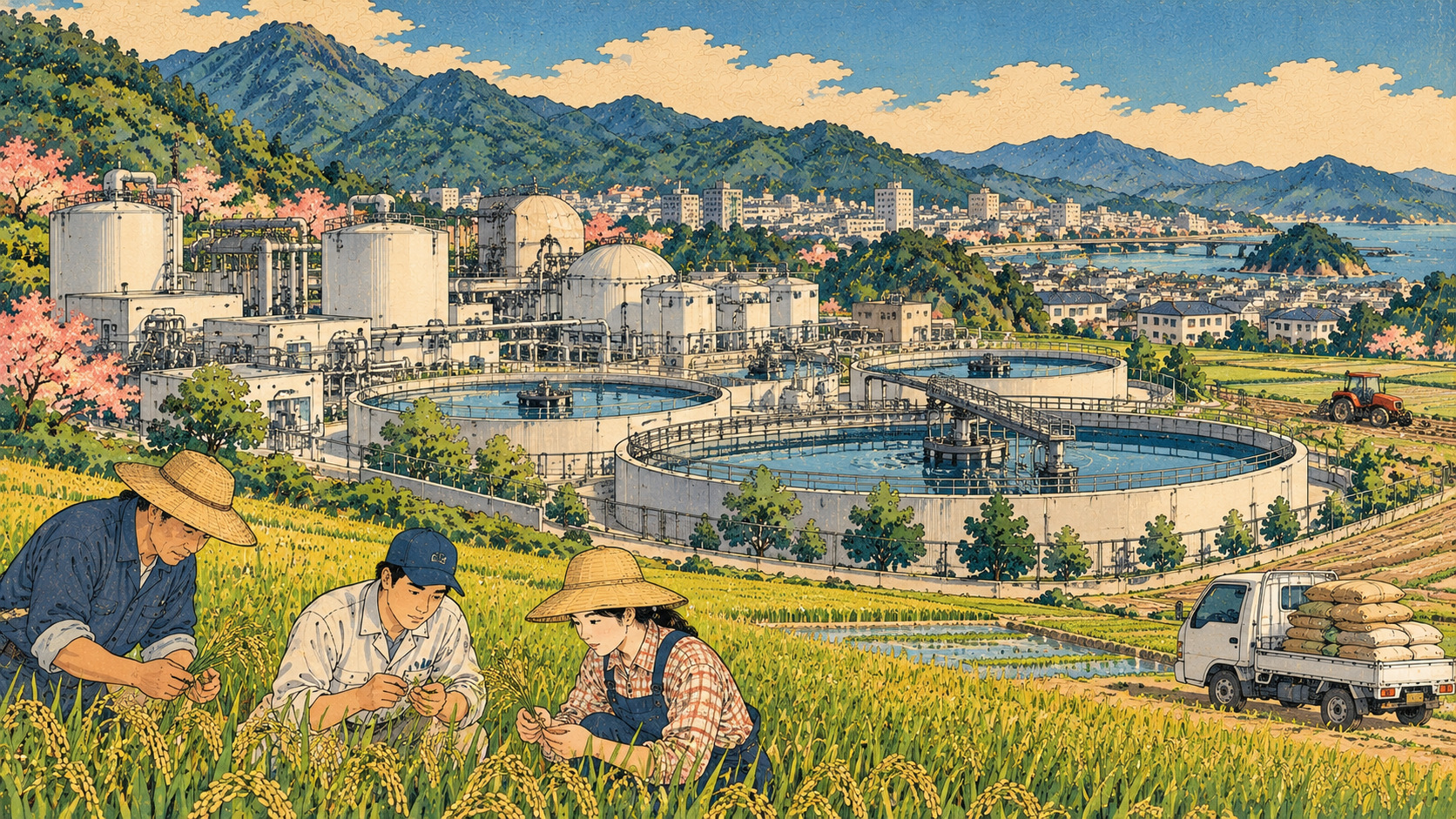 下水汚泥を農地へ――肥料化の進み具合を自治体ごとに可視化 — editorial illustration
