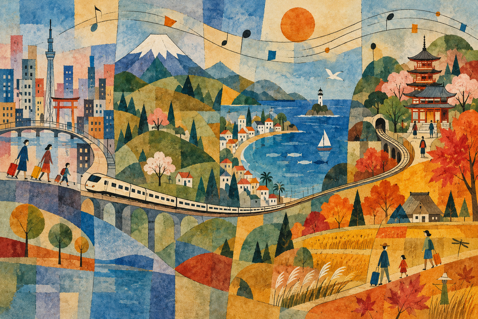 Colorful abstract railway landscape linking a city, mountains, coast, temple and fields