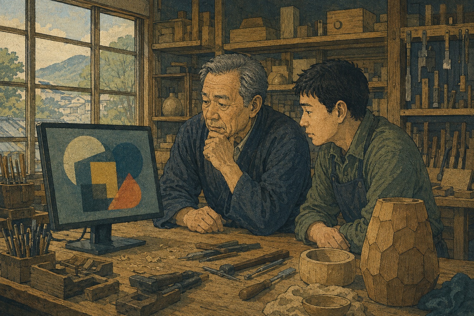 Editorial illustration of a Japanese workshop owner and employee examining an AI screen among traditional tools
