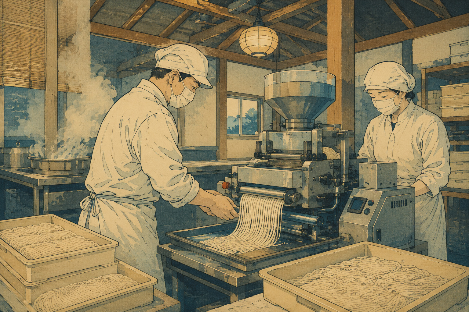 Editorial illustration of workers operating automated noodle-production equipment at a small Japanese food factory