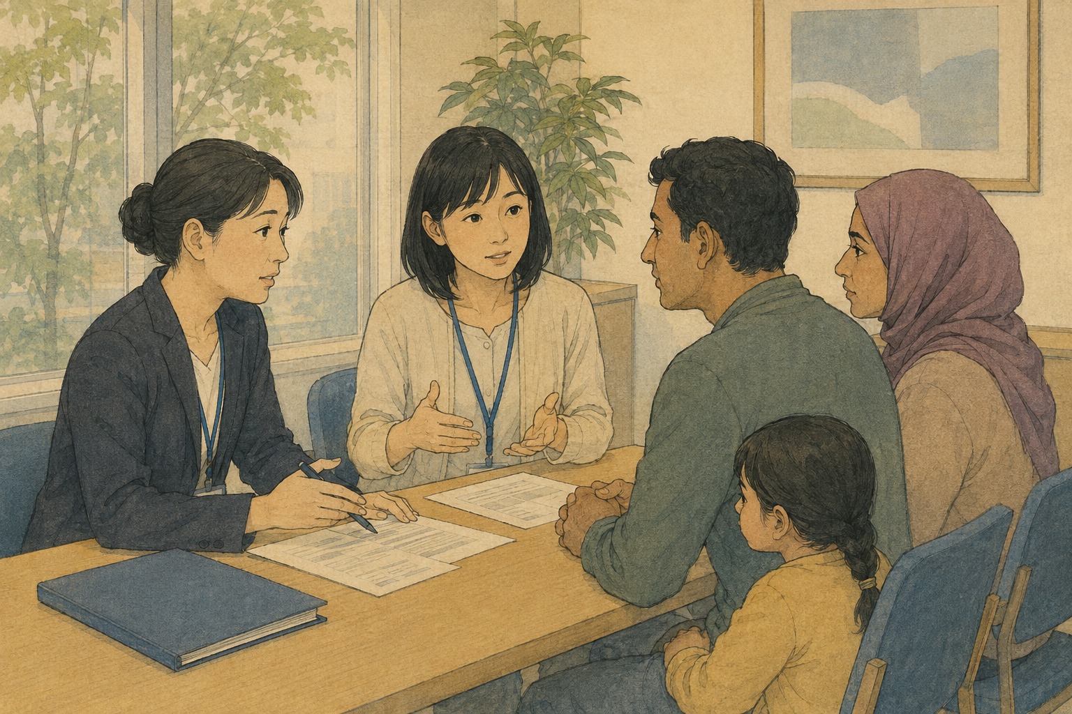 外国人家族と相談する支援員と通訳を描いた小原古邨着想の編集用イラスト