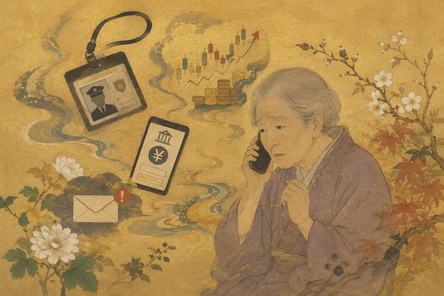 Editorial illustration of an older Japanese resident receiving a suspicious call, surrounded by fake police credentials, investment charts and digital payment prompts