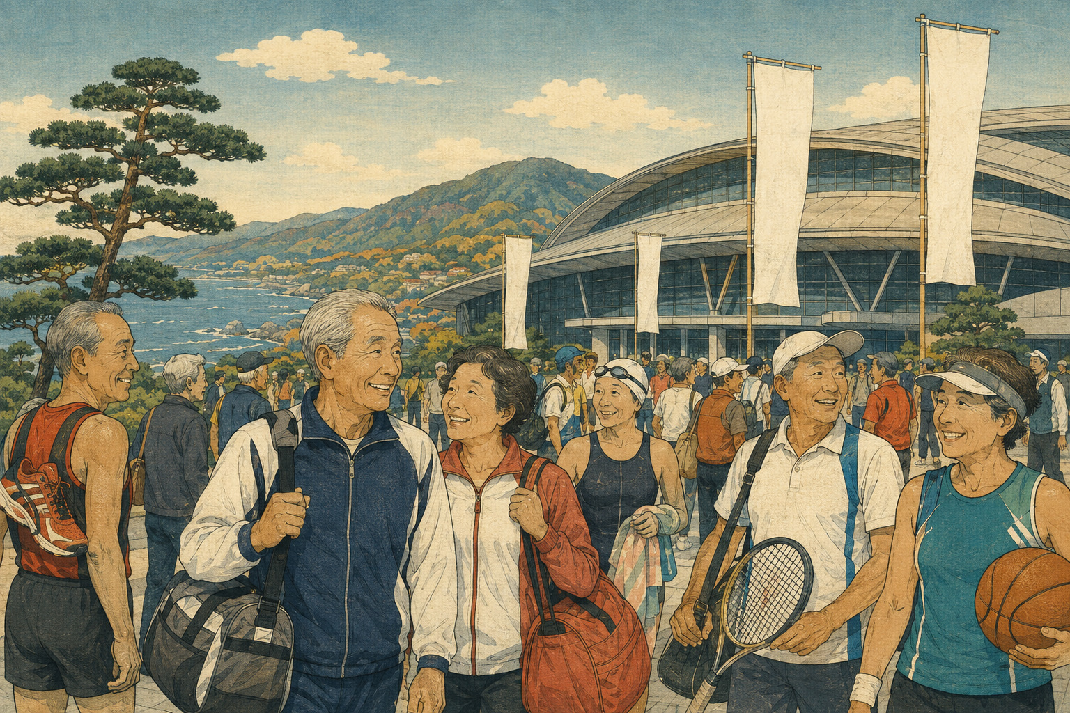 Editorial illustration of senior athletes arriving beneath Ishikawa welcome banners for the Japan Sports Masters