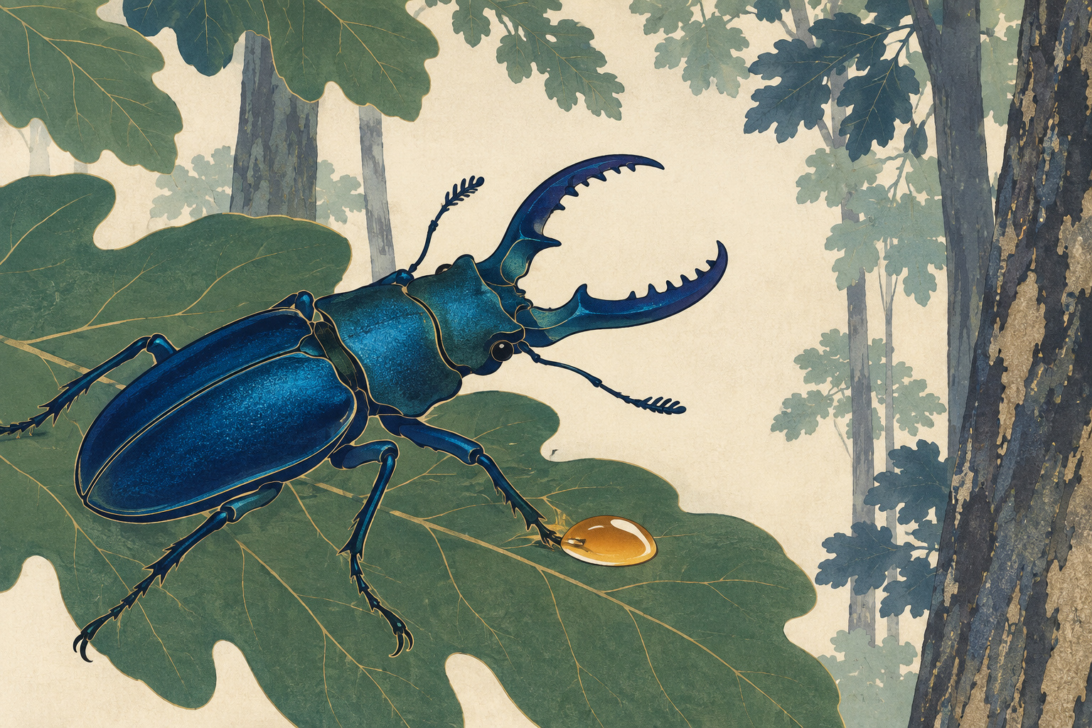 A beetle’s view of a working forest: what Japan’s “honey trap” can reveal — AI editorial illustration